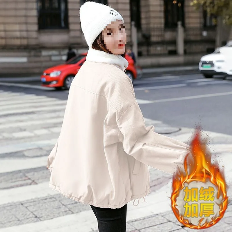 Winter Korean Version Cotton Jacket with Women's Plush and Thick Workwear, Parker Cotton Jacket, Winter Plus Size Loose Lambhair