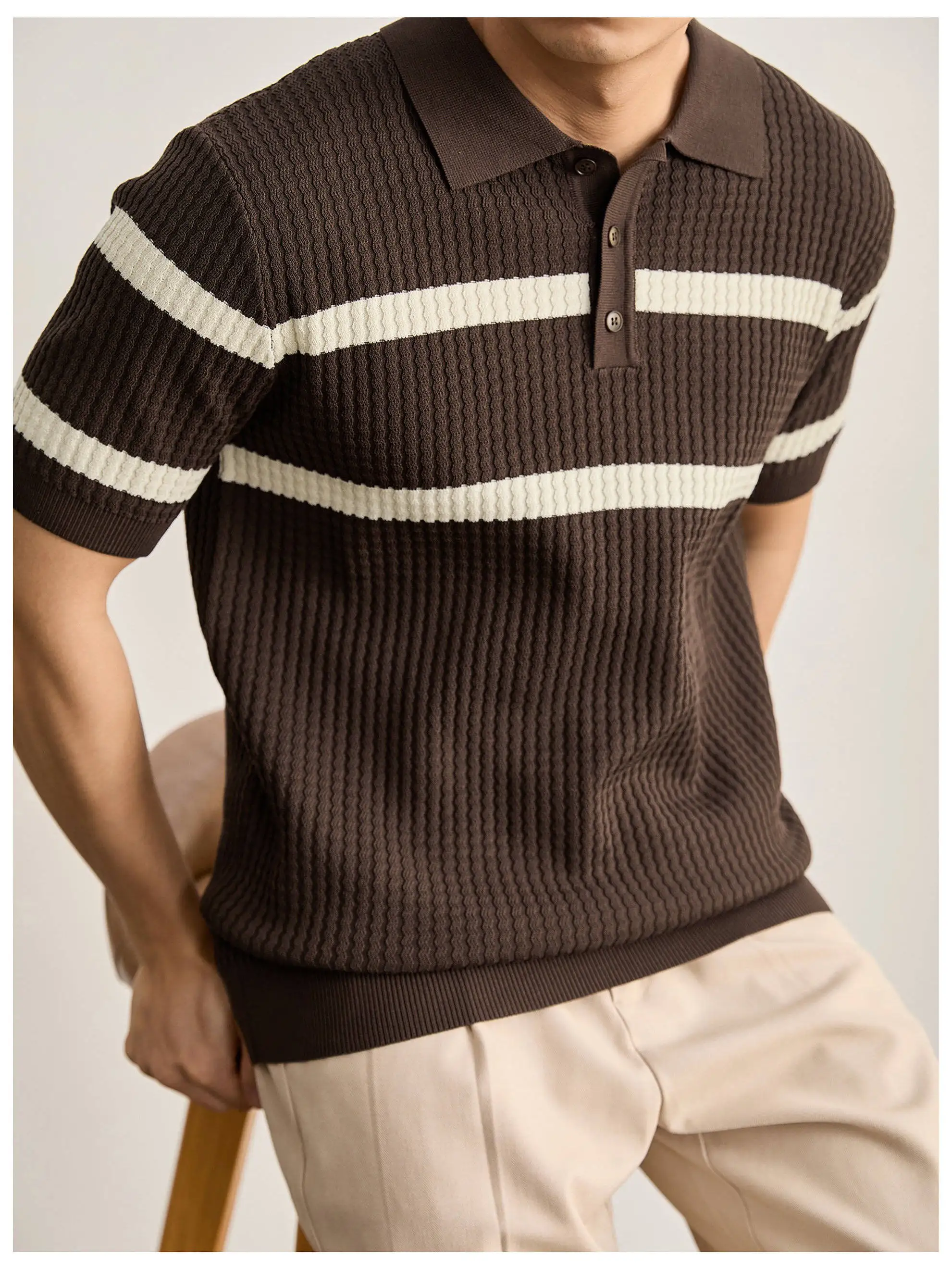 2026 American Retro Stripe Color Block Short Sleeve  Shirt Men Summer Wave Texture Knitted T-Shirt Standard Fit Basic Style