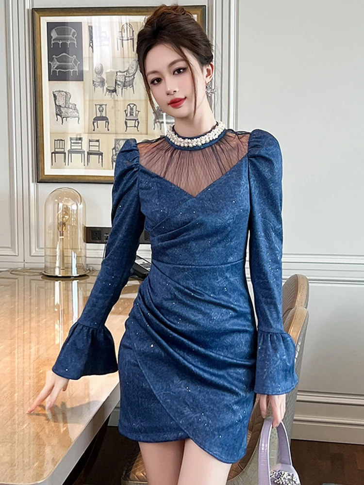 French Retro Mini Dress Women Clothing Elegant Sexy Pearl Sheer Mesh Rhinestone Bodycon Gown Female Party Club Vestidos Mujer