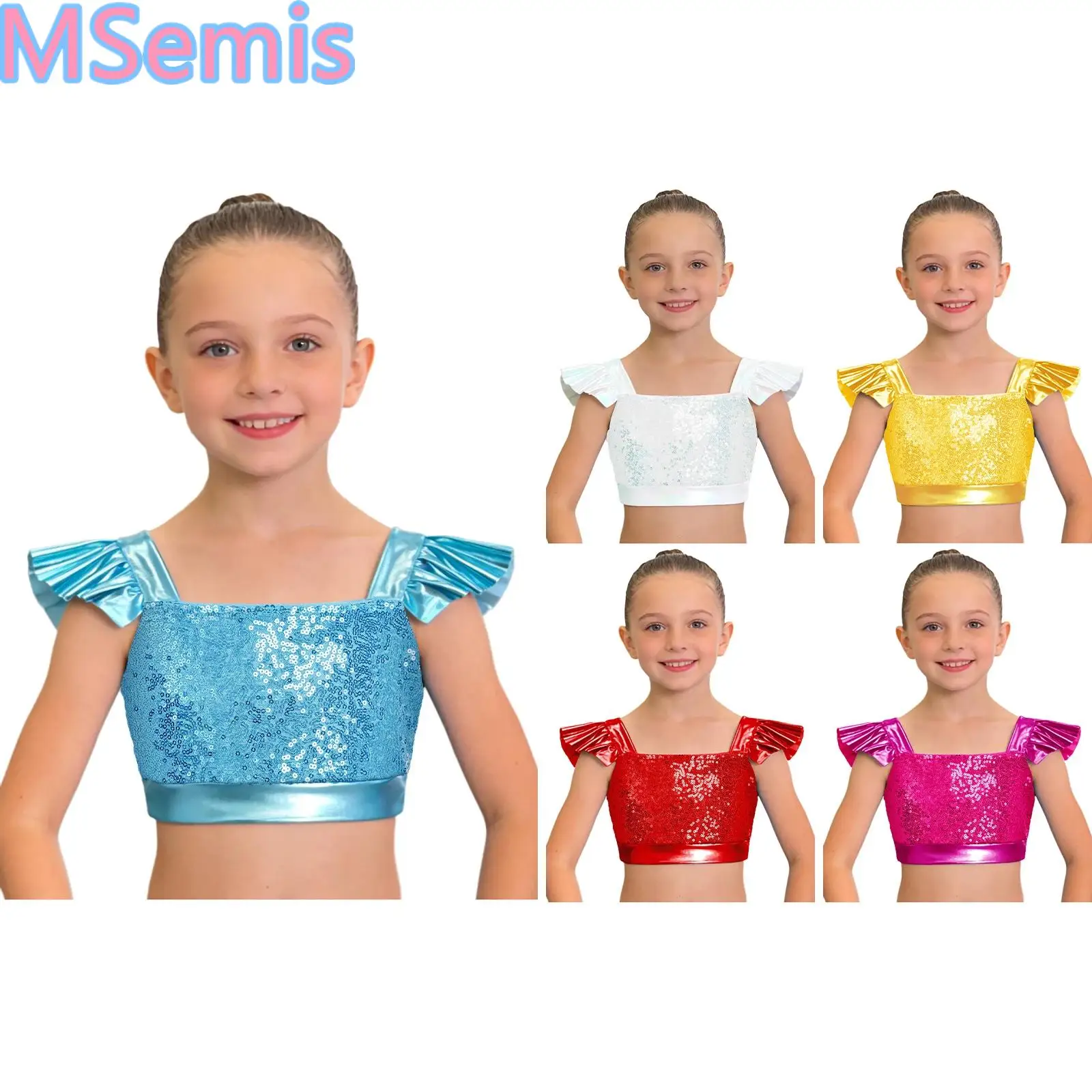 Kids Girls Jazz Dance Performance Tops Square Collar Ruffled Sleeves Sparkling Sequin Metallic Crop Top