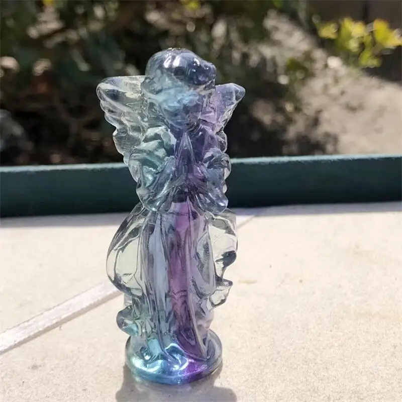 

Natural Rainbow Fluorite Angel Carving Healing Fengshui Figurine Classic Charm Room Jewelry Holiday Gift 1pcs