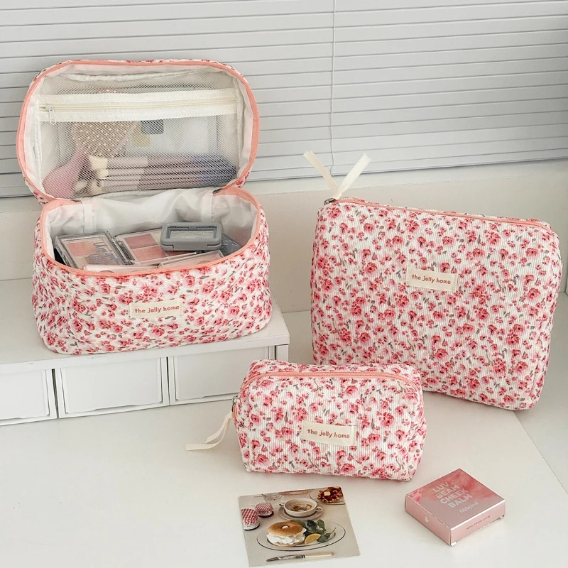Corduroy Makeup Bag Women Pink Rose Floral Sweet Cute Portable Travel Cosmetic Toiletry Organizer