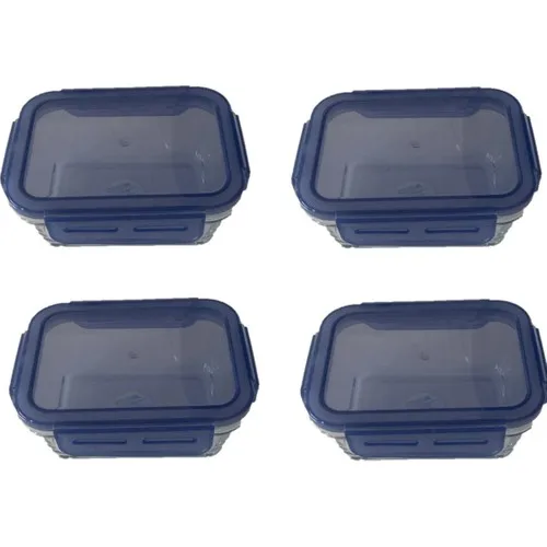 Pasabahce Locked Glass Storage Container Leak-Proof 4 Pcs Rectangle Blue