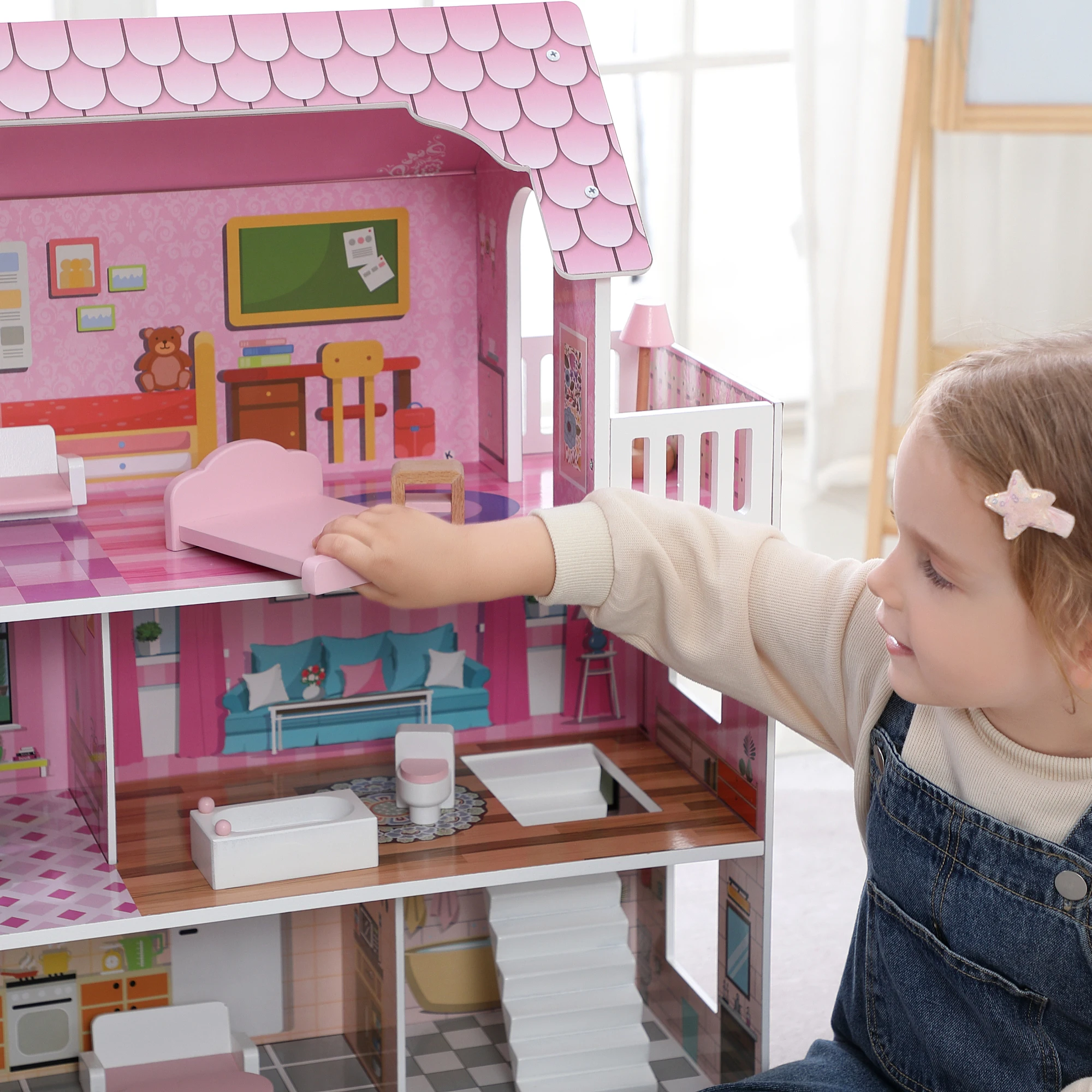 Maison de poupées en bois avec 11 meubles et accessoires d'escalier, grand ensemble de jeu de maison de poupée à 3 étages pour filles, jouet de jeu de rôle pour enfants