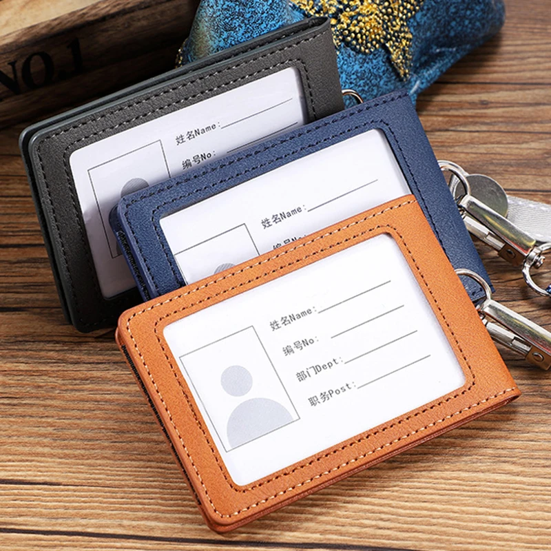 PU Leather Id Credit Bank Card Case Transparent Business Badge Card Holder With Neck Strap Lanyard Solid Color Passport Holder