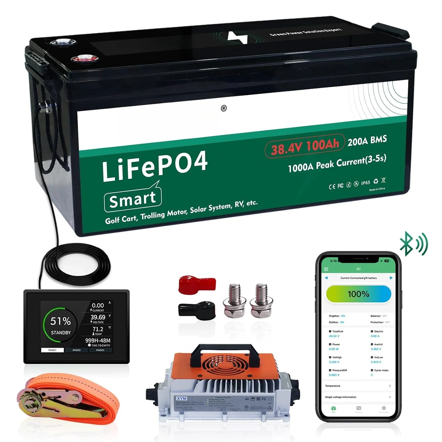 36V Lithium Battery, 3.84KWh Golf Cart Batteries with 200A BMS, 25A Lifepo4 Battery with Charger, 1000A Peak, Customized
