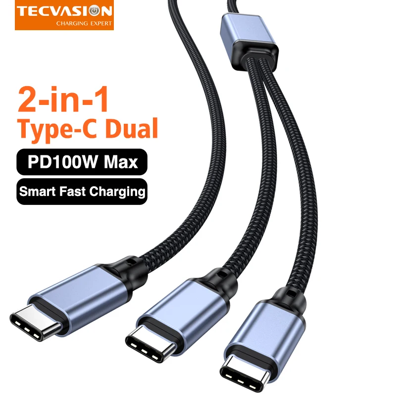 PD 100W USB C Date Cable 2 in 1 for IPhone16 17 Type C to C Fast Charging Cable Dual USB-C for Macbook iPad Pro Samsung Switch