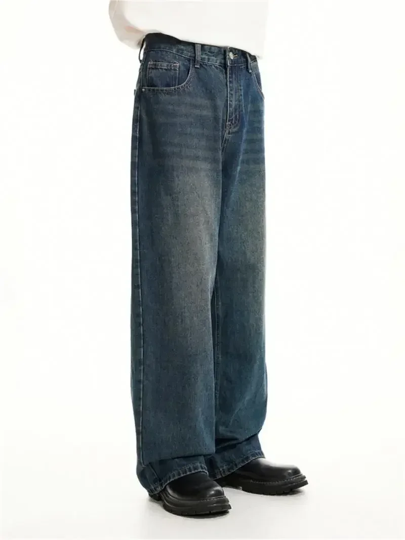 Jeans largos com retalhos para homens, calças jeans longas e retas, lavadas soltas, moda casual, novo design, C63