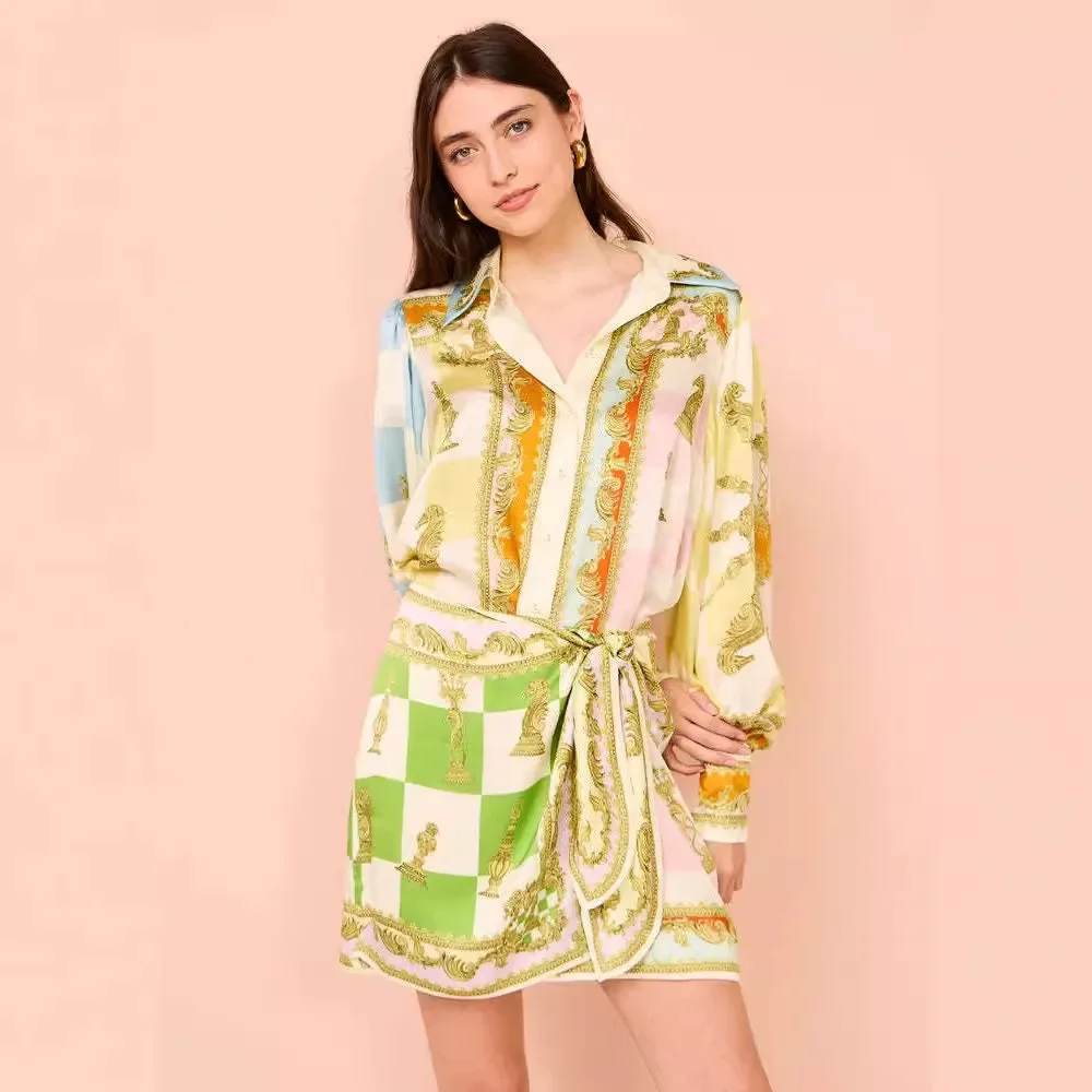 Women Chic Blouse Short Dress Vintage Print Fashion Long Sleeve Mini Dresses Casual Elegant Holiday Party Female New Trend 2024