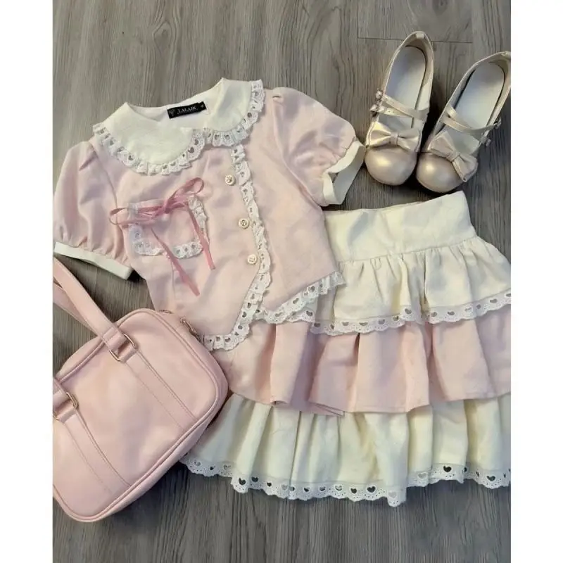2 Piece Sweet Lolita Outfit Women Pink Jacquard Peter Pan Collar Short Sleeve Top with Tiered Ruffle Heart Lace Trim Skirt Set