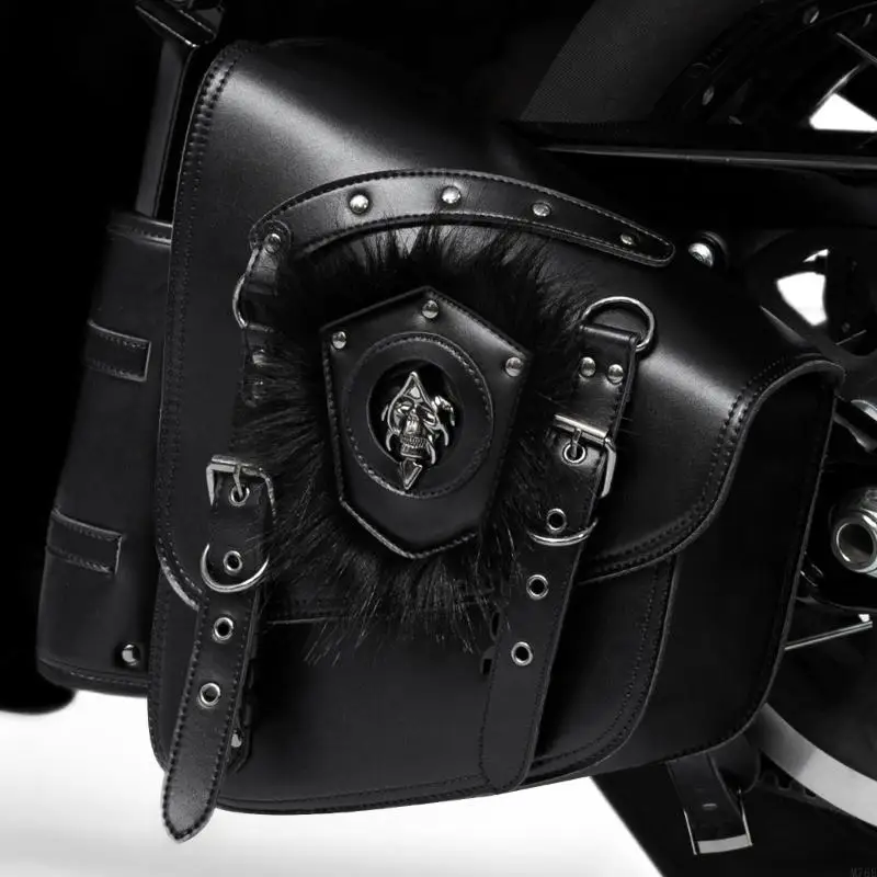 M76E Retro Motorcycle Side Bag Pair with Studded Trim Skull Badge Bag for Road Carry