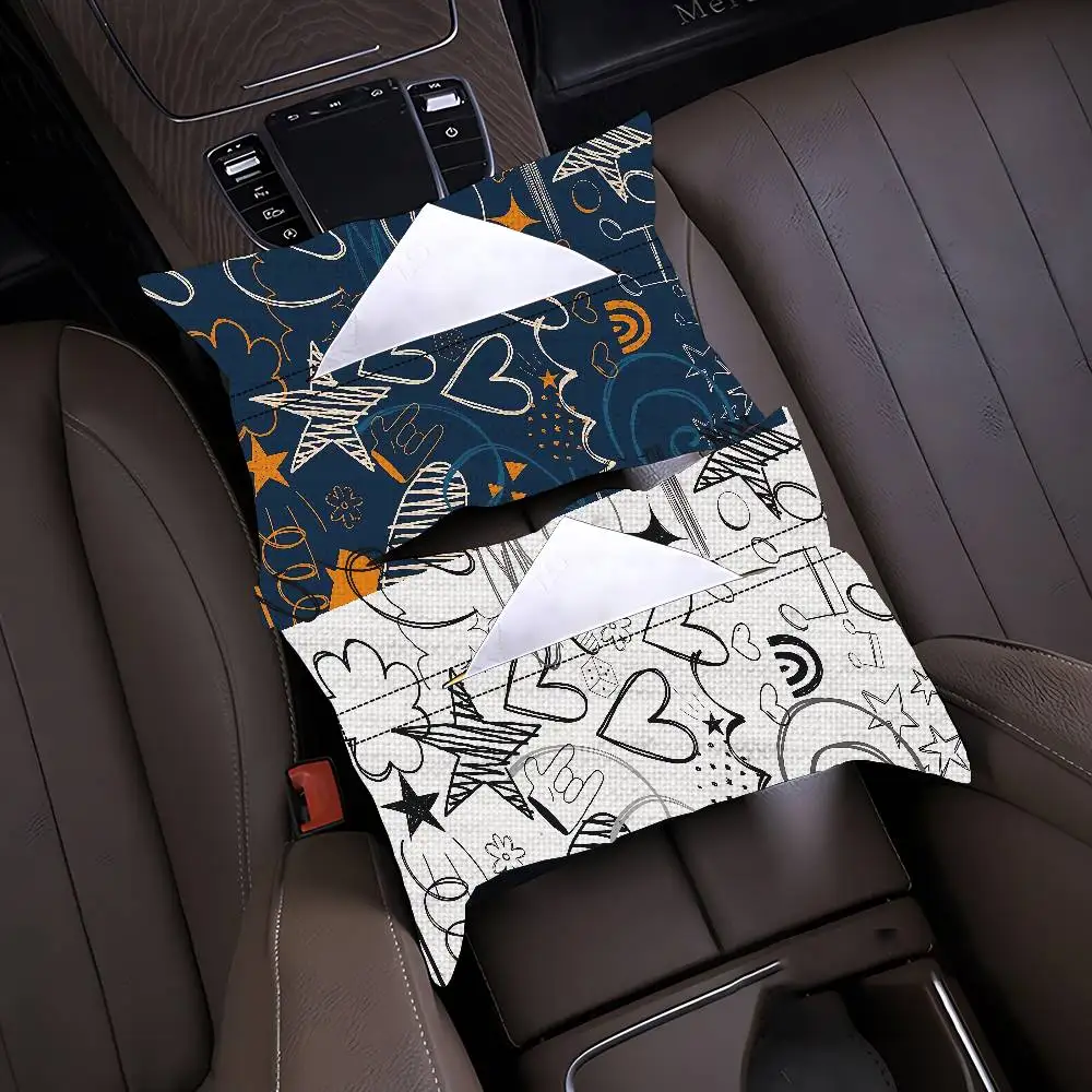 Minimalist Line Patterns Premium Linen Car Tissue Box Holder Hanging Napkin Case Elegant Auto Interior Accessories Universal Fit