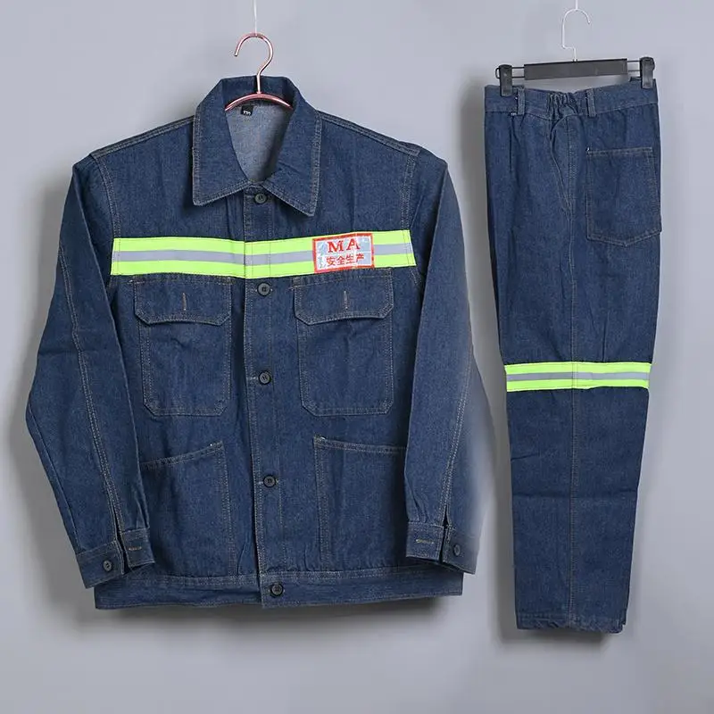 

Мужской рабочий комплект из денима с длинными рукавами и светоотражающими полосами для работы на производстве