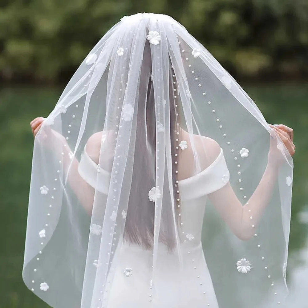 

Свадебная фата с 3D цветами и расческой, 1 т, жемчужная фата, короткая свадебная фата