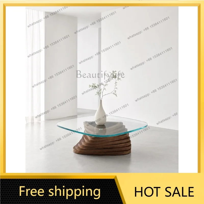 YJ Modern Minimalist Designer‑Style Glass‑Top Coffee Table Creative Wood‑Base Light‑Weighted Table For Home Living Room