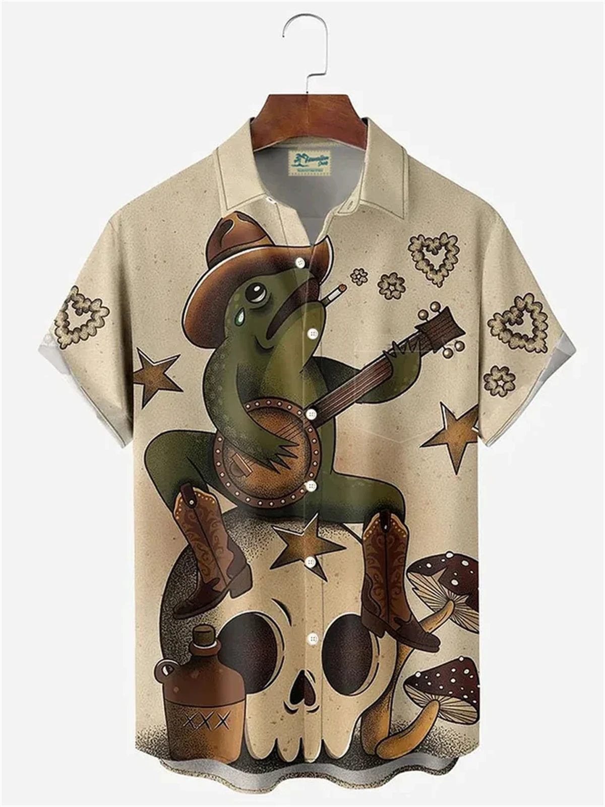 2024 New Hawaiian Men's Printed Short Sleeve Shirt Playing the Frog Fashionable Men's Lapel Top Large Size Casual Men's Shirt