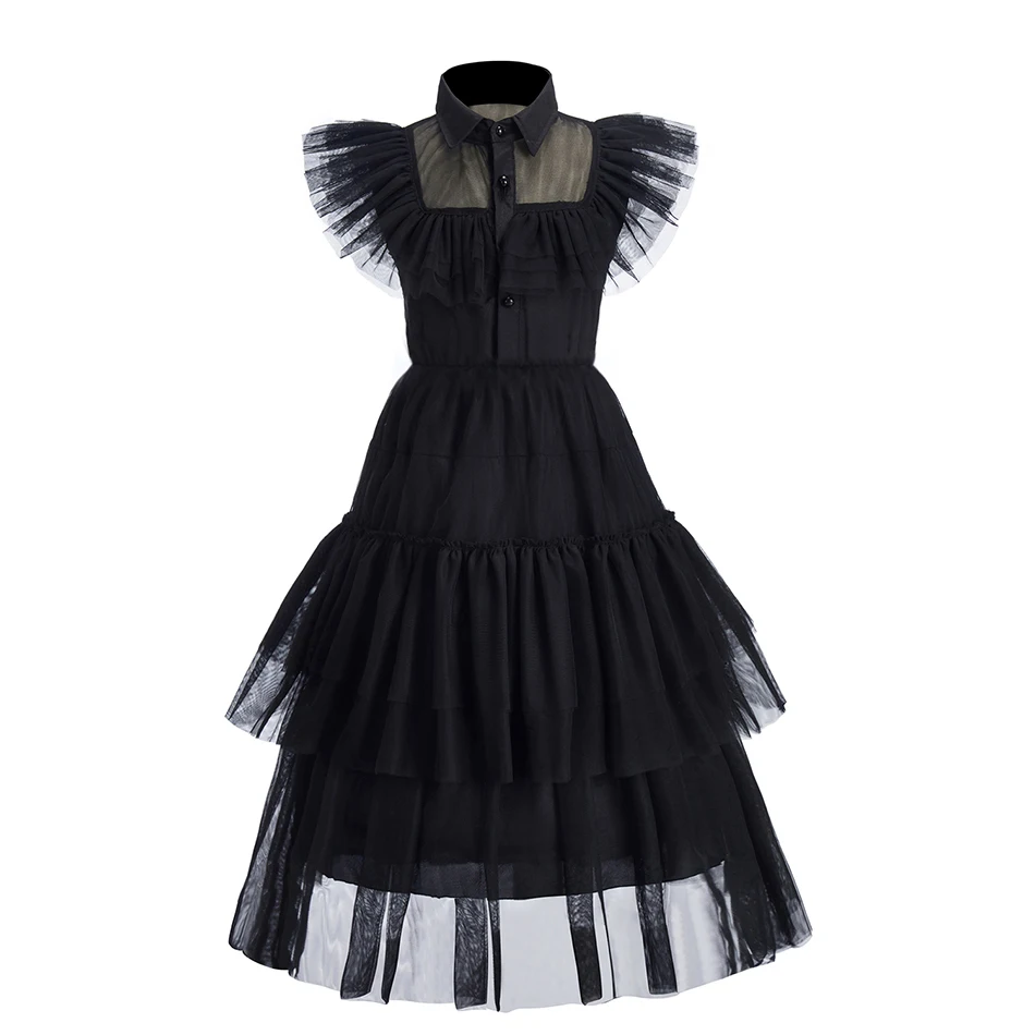 Little Girls Addams Dark Gothic Style Elegant Chic Black Wednesday Cosplay Dresses Suitable Halloween Parties Multiple Occasions