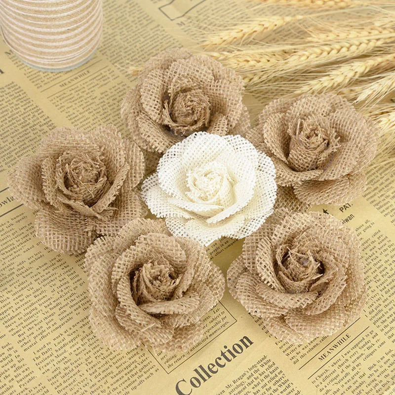 5Pcs 8cm Jute Hessian Burlap Rose Handmade Artificial Flowers Shabby Chic Retro Wedding Decoration Party DIY Craft Accessories