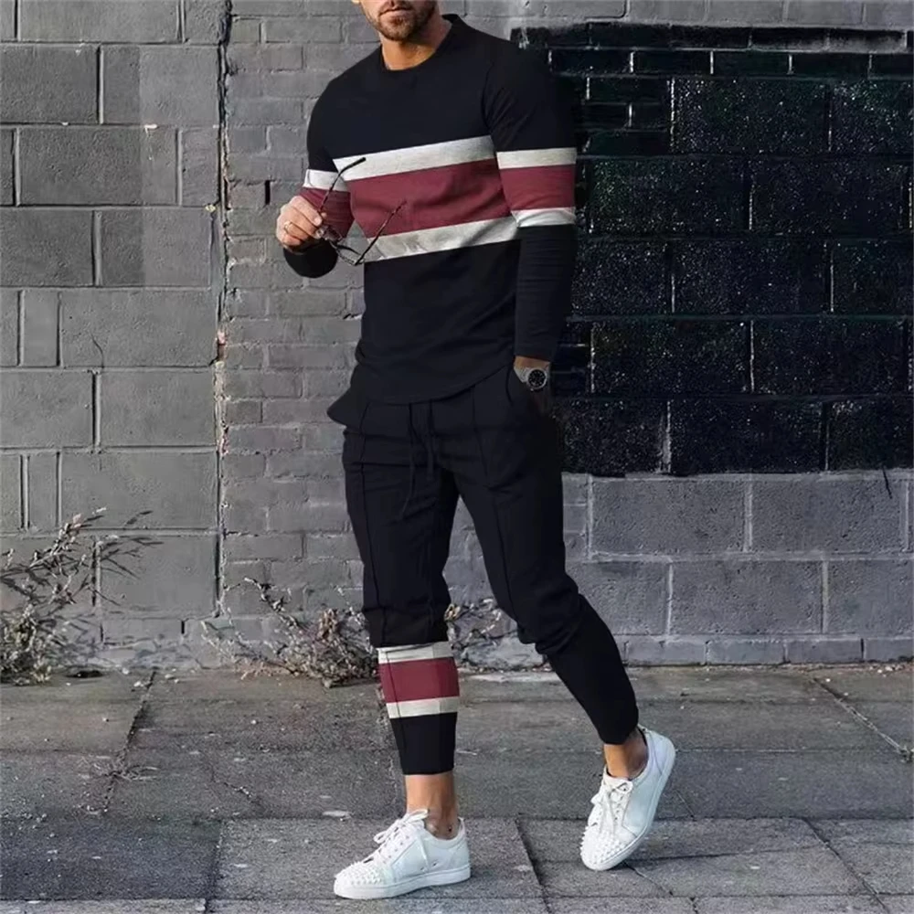 Vendita calda Autunno Abbigliamento uomo 3d Stampato Uomo Manica lunga Pantaloni sportivi casual Set T-shirt a maniche lunghe retrò da uomo Pantaloni Set da 2 pezzi