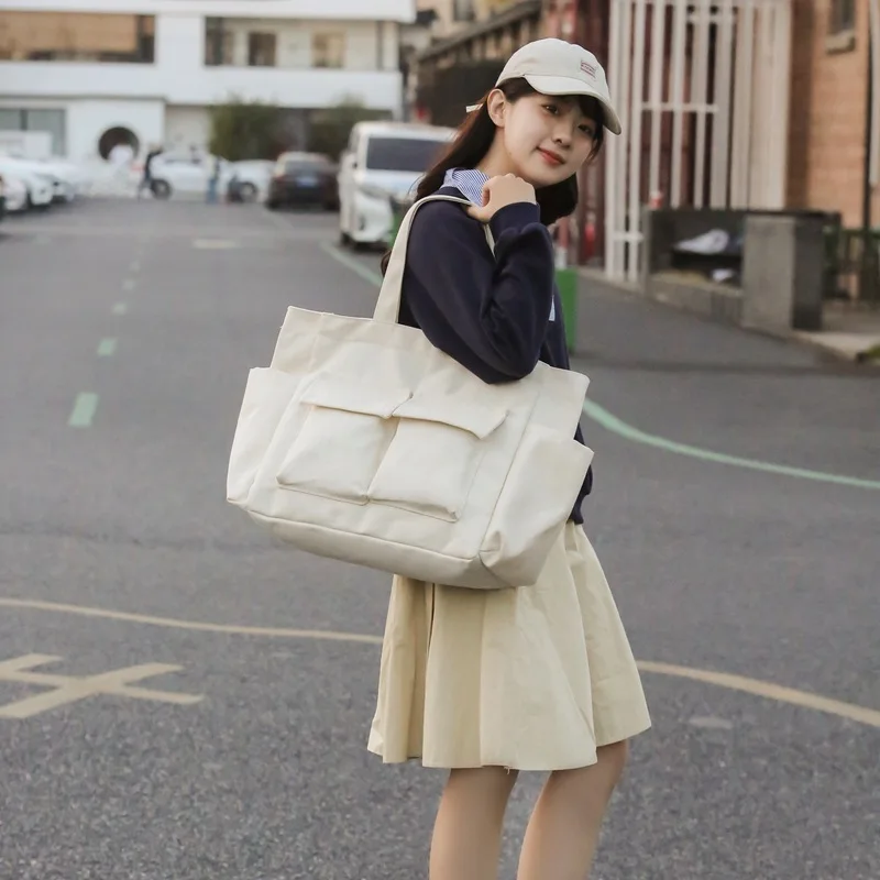 Canvas Tote Shoulder Bag Unisex Large Capacity Storage Bag Solid Color Simple Multifunctional Pocket Casual Travel Shopping NEW