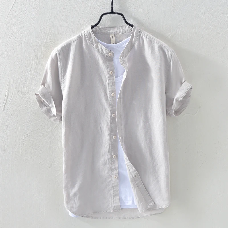 

Summer Men's Loose Casual Linen irt Thin Ice Silk f Cotton Linen ort Sve Stand Collar White Casual Sle Faion
