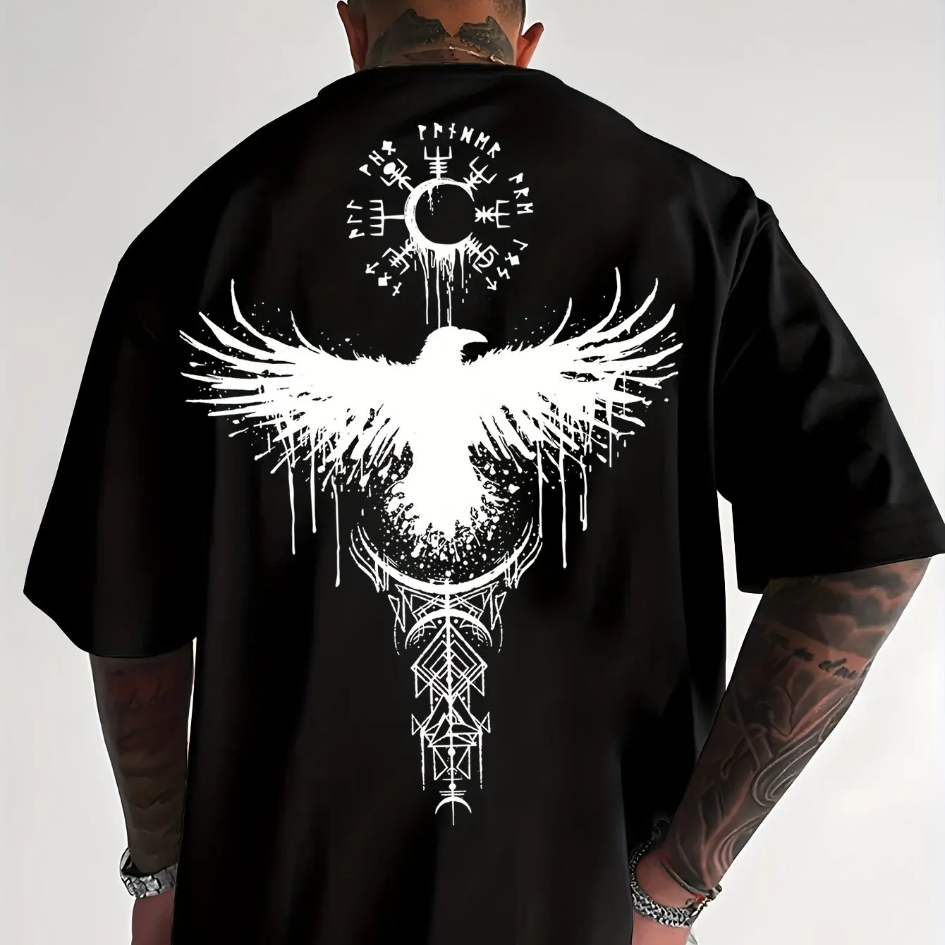 Men Raven Totem Graphic T-Shirt Breathable Summer Streetwear Tee with Geometric Tribal Print Light Yellow Casual Outdoor Shirt