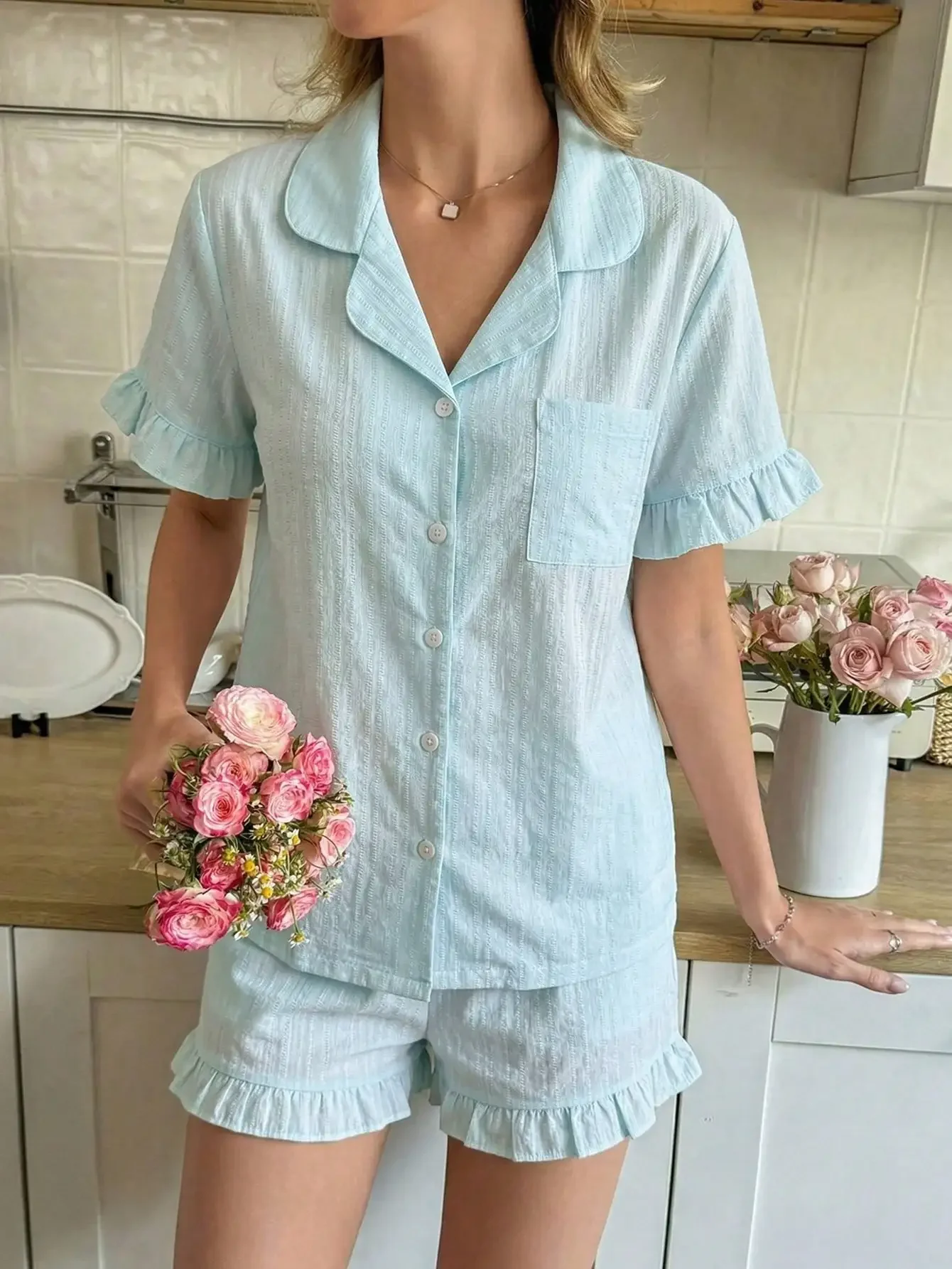 Snug Reverie Wave Striped Ruffle Sleeve Casual Short Sleeve & Shorts Pajama Set