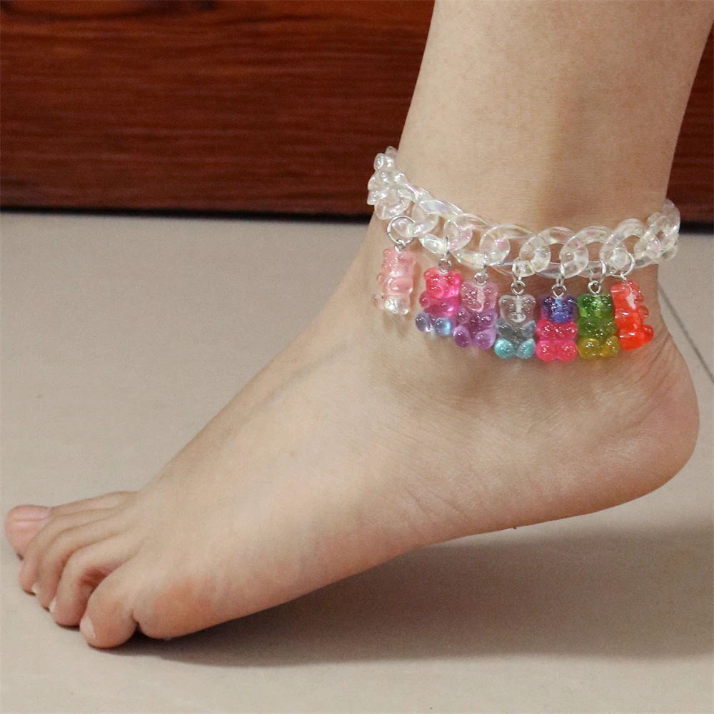 Transparent Acrylic Chain Multicolor Cartoon Bear Bracelet Bohemian Summer Cute Candy Color Resin Gummy Bear Anklet for Women