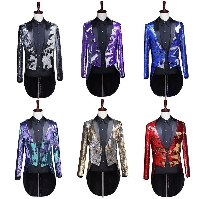 

2025 Gold-Silver Color-Changing Reversible Sequin Tuxedo for Men,Fashion Unique Trend Magic Conductor Stage Singer Host Tailcoat