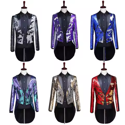 2025 Gold-Silver Color-Changing Reversible Sequin Tuxedo for Men,Fashion Unique Trend Magic Conductor Stage Singer Host Tailcoat
