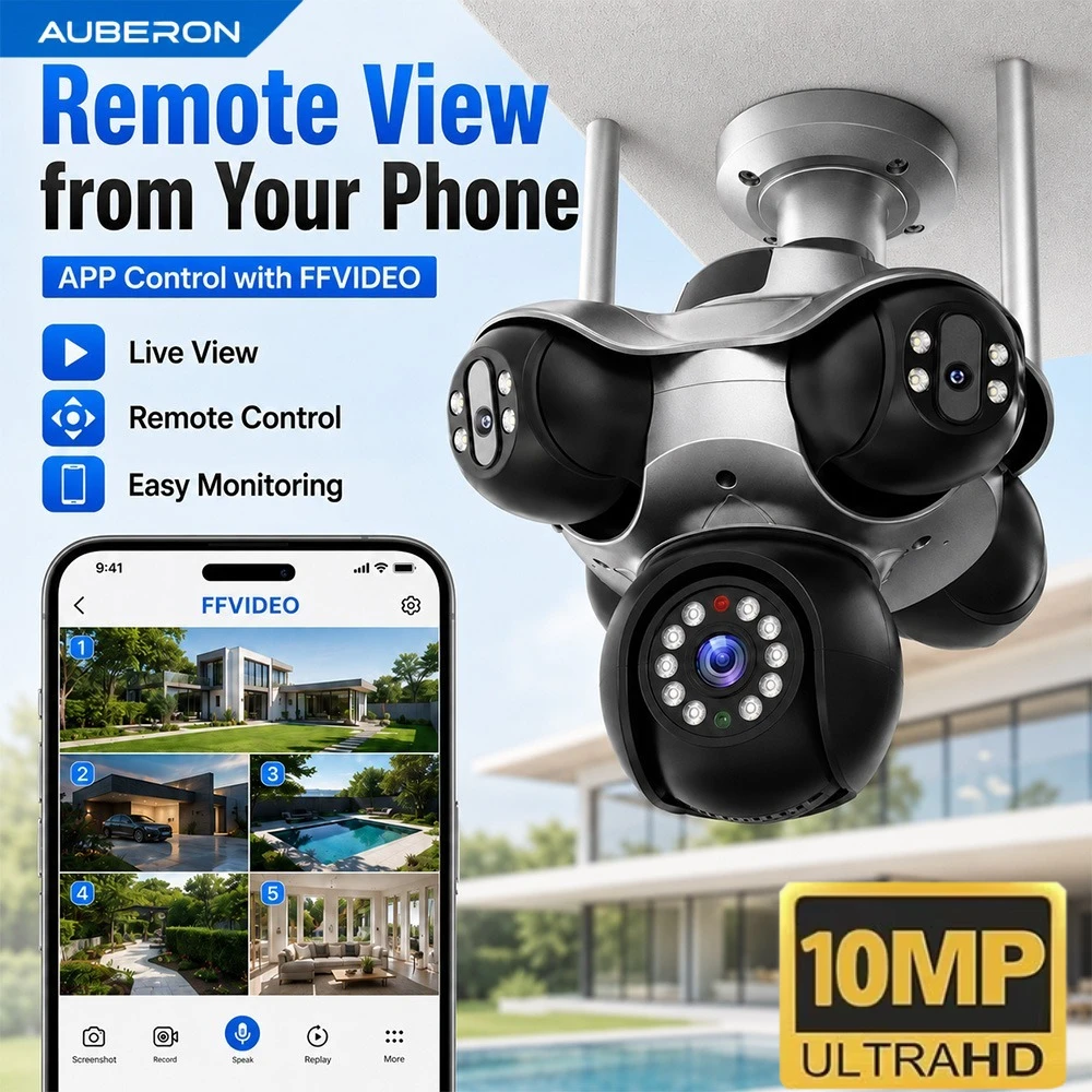 10MP Wi-Fi PTZ IP Outdoor Security Camera 5 Lens 5 Views Human Detection Waterproof IR Full Color Night Vision FFVIDEO Live View