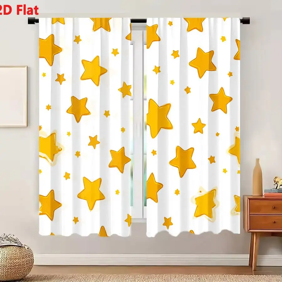 2Pcs Curtains 2D Flat Seamless Pattern With Golden Five-Pointed Stars And Dots On White Background Window Drapes for Bedroom Roo