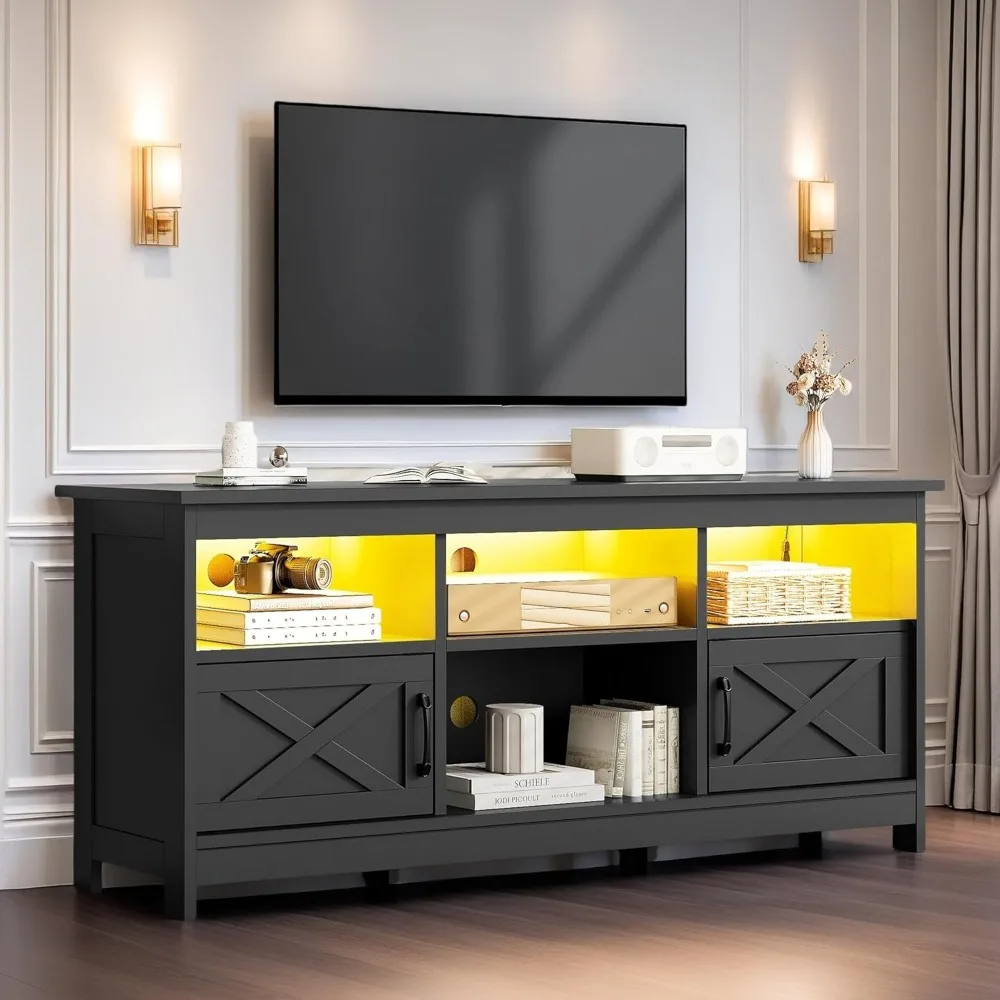 

farmhouse TV stand, entertainment center with power outlet and LED light, TV console for living room