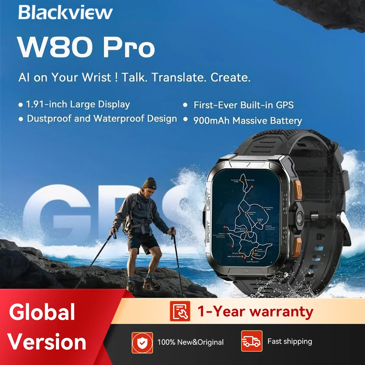 

Blackview W80 PRO Outdoor Smart Watch with GPS Positioning, 1.91‘’ TFT Display 900mAh with Flashlight Health Monitoring Watch