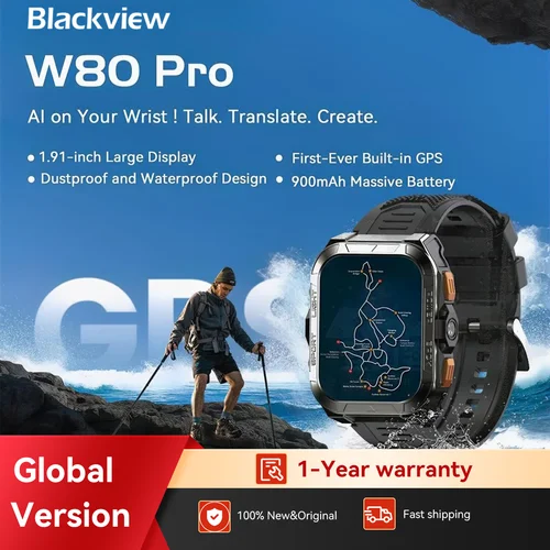 Imagen 1 del producto Reloj inteligente para exteriores Blackview W80 PRO con posicionamiento GPS, pantalla TFT de 1,91 pulgadas, 900 mAh con linterna, reloj de monitoreo de salud