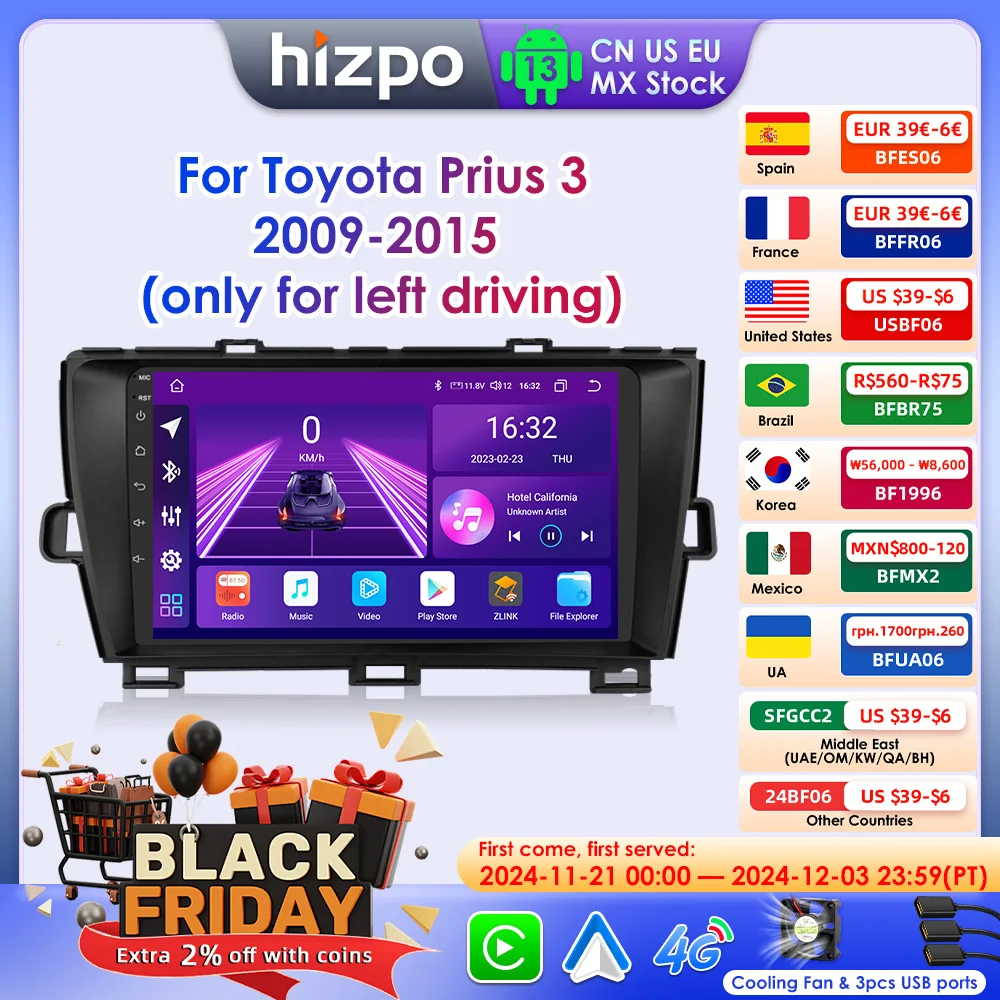 Hizpo 8G+128G Android 13 For Toyota Prius 3 2009 - 2015 Car Radio Multimedia Video Player GPS Navi Stereo Carplay Auto Stereo BT