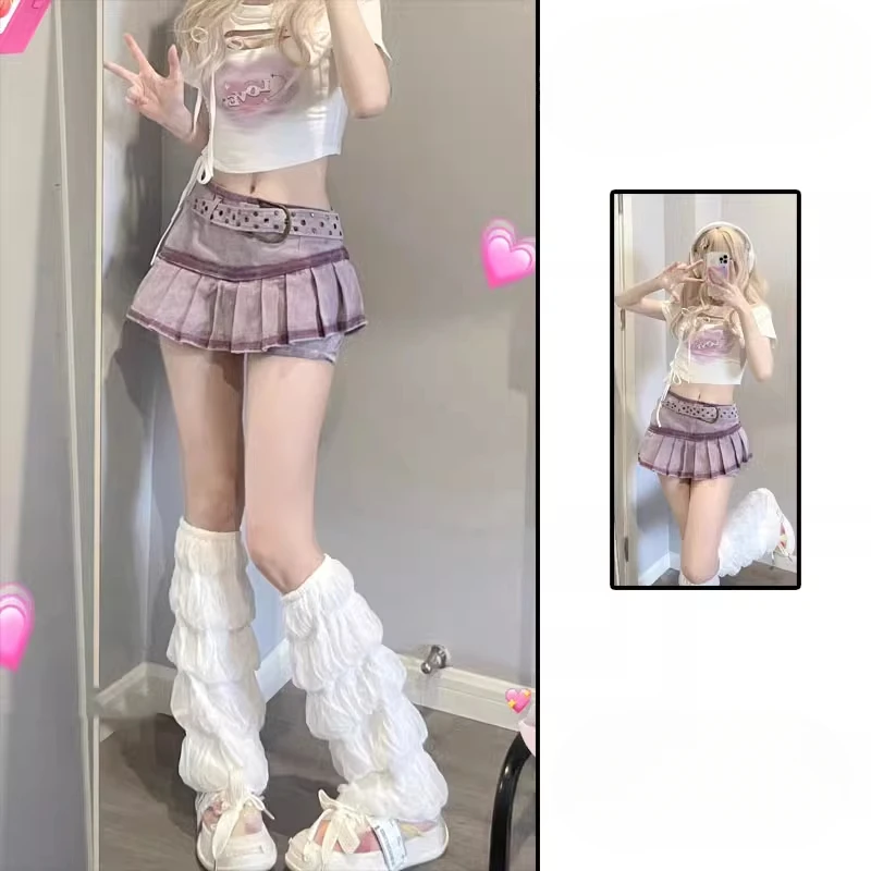 

2025 Summer New Spicy Girl Cute Short Skirt Double Layered High Waist Half Body Do Old Washing with Water Denim Skirt A683