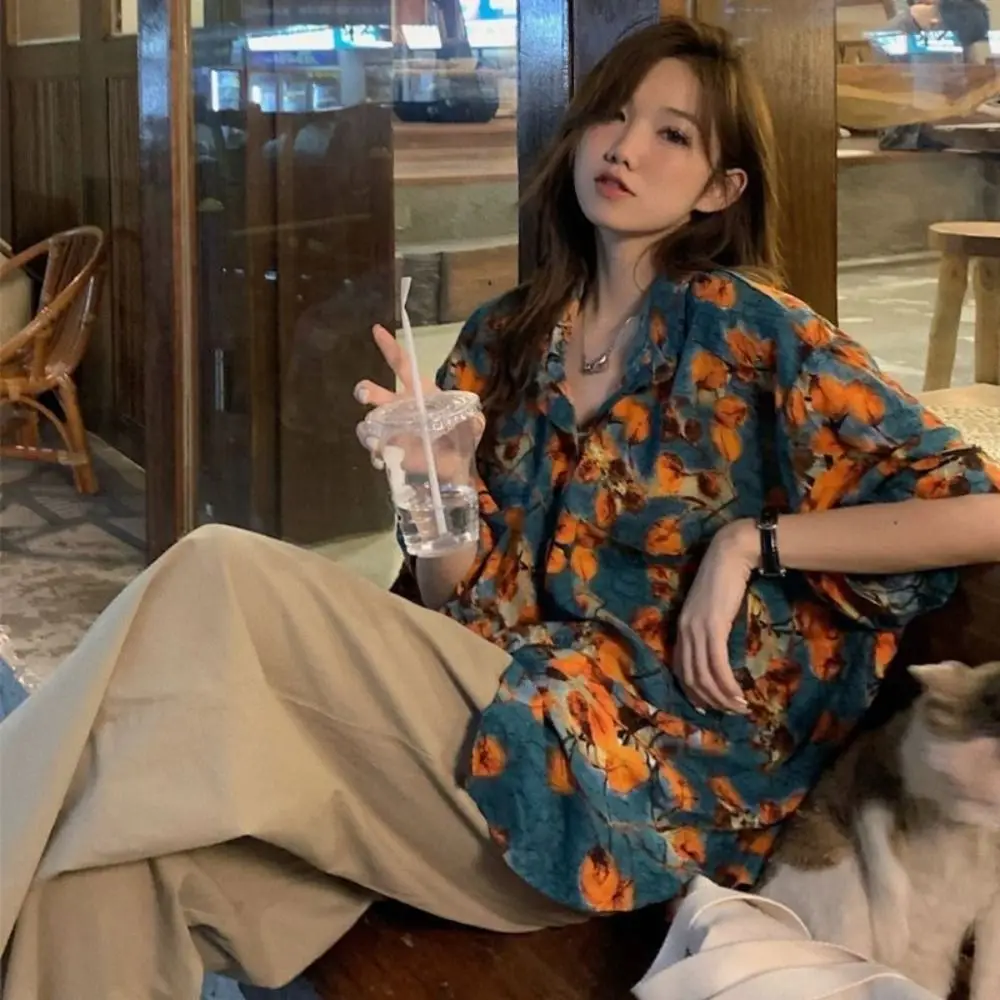 

All Match V-neck Floral Short Sleeve Shirts Button Up Y2K Flower Blouse Women Retro Streetwear Sweet Girls Shirts Girls