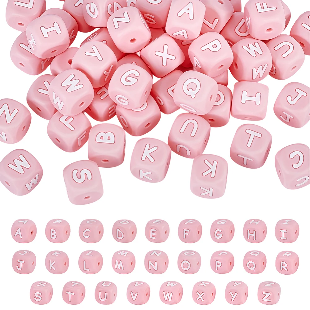 78Pcs Letter Beads 26 Styles Cube Focal Beads 12mm Alphabet A to Z Loose Bead Bulk for Jewelry Making DIY Craft Supplies Pink