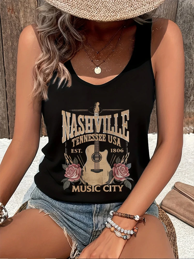 Nashville Music City Racerback Tank Top Vintage Rose and Guitar Print Country Music Lovers Gifts Women Sleeveless Vest Tshirts