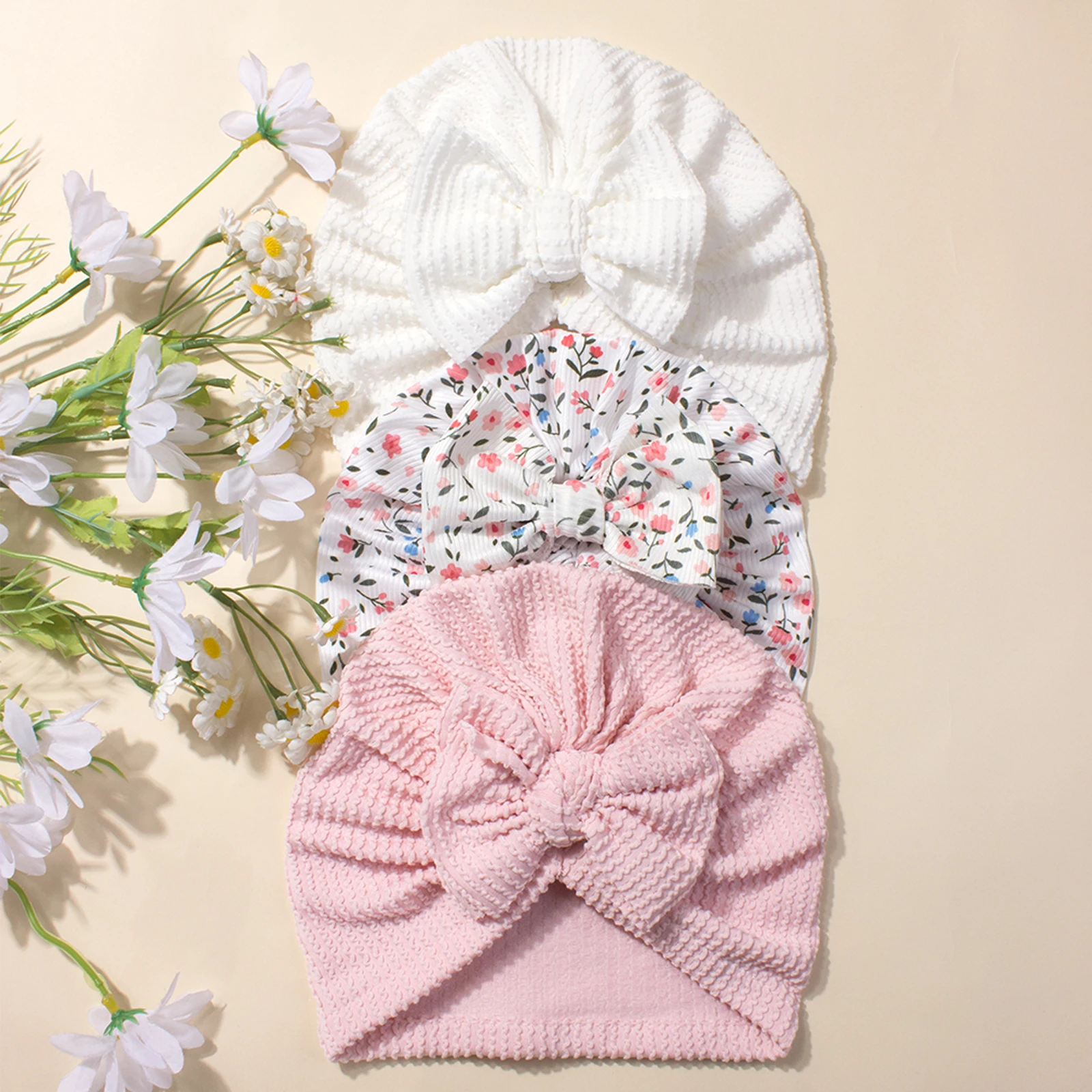 

3-color set Newborn baby cap Cute striped baby bow pull-on hat Comfortable children's hat