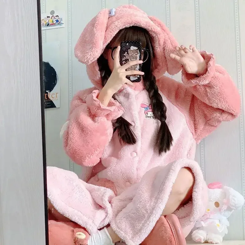 Kawaii Sanrio Winter My Melody Cute Girls Plush Pajamas Thickened Coral Velvet Pajamas Flannel Thickened Nightgown Home Clothes