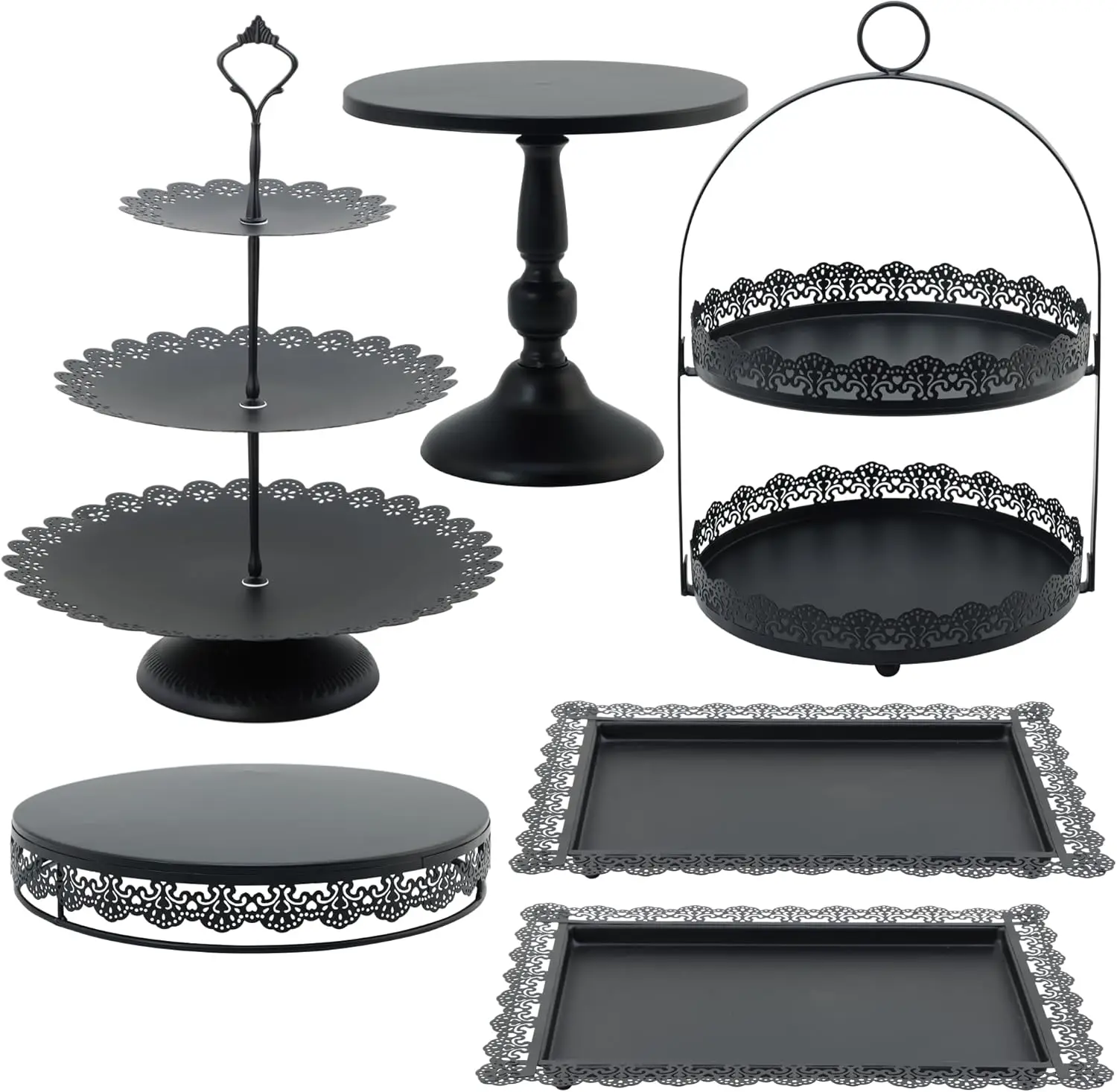 

6-Piece Black Cake Stand Set, Tiered Cupcake Holder Dessert Plate Serving Tower for Wedding Birthday Party