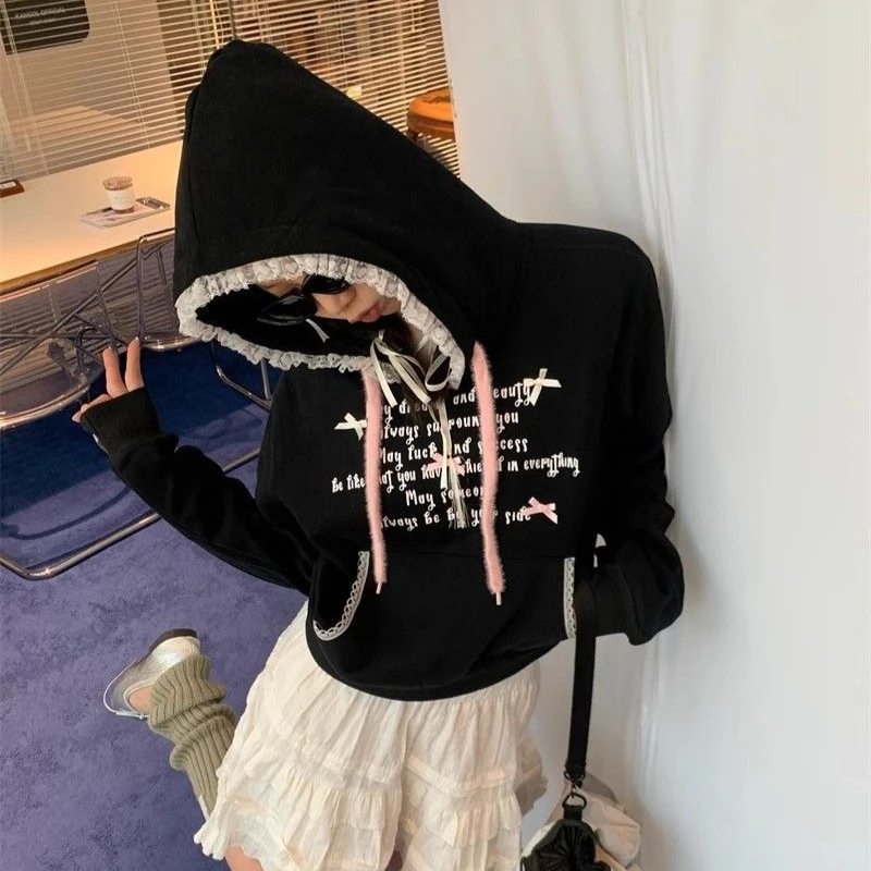 Deeptown Sweet Lace Bow Hoodies Women Black Shoujo Girl Aesthetic Kawaii Pullovers Preppy Style Oversized Letter Sweatshirts