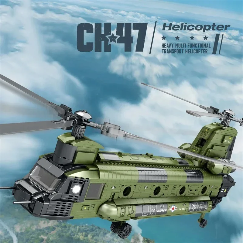 Dual Rotor Transport Helicopter Blocks All Weather Military Model Carry Soldiers Lift Tanks Collectible Toy Compatible with Lego