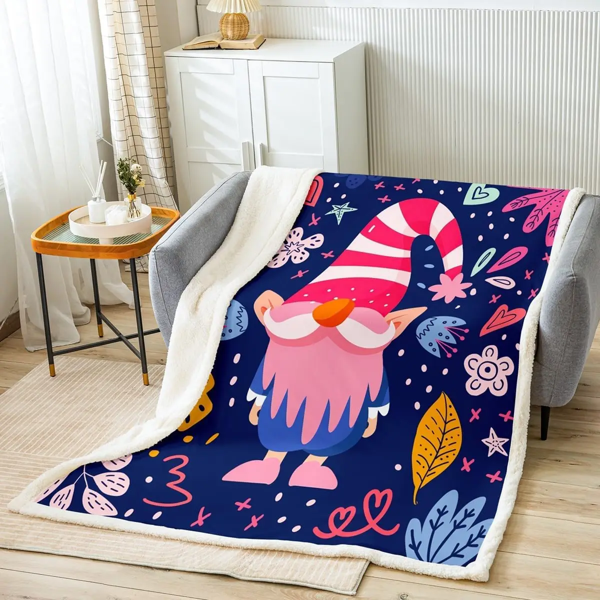 Cute Cartoon Santa Claus Dwarf Bed Blanket for Kids Child,Merry Christmas Boho Floral Fleece Blanket Colorful Scandinavian