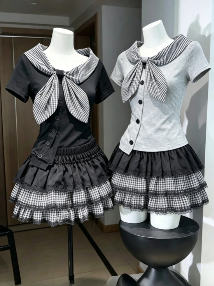 Hot Girls Harajuku Kawaii Lolita Two Piece Outfit Y2K Gothic Punk Tops Casual Plaid Mini Skirt Street Nightclub Fashion Wear