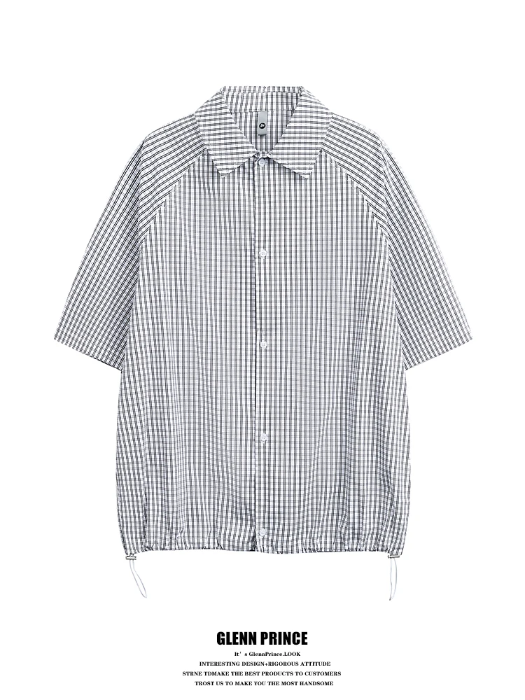 

GPstudio Japanese Retro Drawstring Hem Plaid Short Sleeve Men's Shirt Summer Versatile Couple's Shirt Loose Fit Breathable