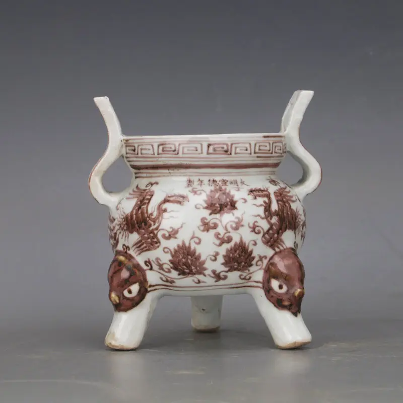 Chinese Antique Style Xuande Mark Underglaze Red Phoenix Incense Burner Tripod Double Ear Porcelain Home Decor Handmade Gift