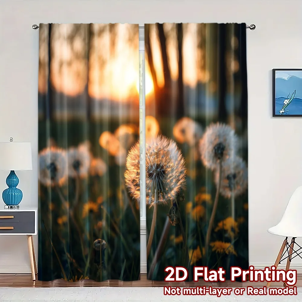 2pcs, 2D FLAT PRINTING Curtains (Without Rod) Golden Dandelion Fashionable Popular Curtains Versatile Polyester Fabric Curtains